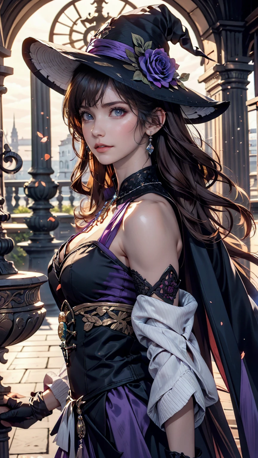 Beautiful girl, Perfect Face, Arms at your sides, masterpiece, Ultra-high resolution, high quality, 4K, Upper Body:1.5,  Lisa (Genshin Impact), urple witch hat, Green Eyes, Brown Hair, (Pure Eros Face_v1:0.008), (European:1.6), bangs, dress, Rose, jewelry, witch, Capelet, Purple hat, Black gloves, Purple Flower, Hair between the eyes, purple Rose, Lips parted, purple Capelet, Hat Flower, multicolored dress, hair ornaments,  windmill, From the side,