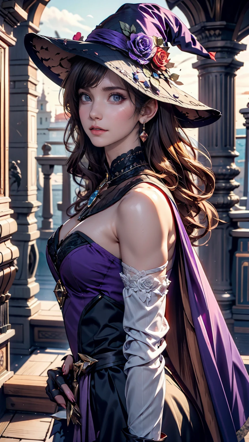Beautiful girl, Perfect Face, Arms at your sides, masterpiece, Ultra-high resolution, high quality, 4K, Upper Body:1.5, Lisa (Genshin Impact), urple witch hat, Green Eyes, Brown Hair, (Pure Eros Face_v1:0.008), (European:1.6), bangs, dress, Rose, jewelry, witch, Capelet, Purple hat, Black gloves, Purple Flower, Hair between the eyes, purple Rose, Lips parted, purple Capelet, Hat Flower, multicolored dress, hair ornaments, windmill, From the side,