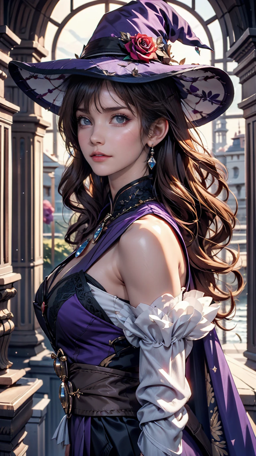 Beautiful girl, Perfect Face, Arms at your sides, masterpiece, Ultra-high resolution, high quality, 4K, Upper Body:1.5,  Lisa (Genshin Impact), urple witch hat, Green Eyes, Brown Hair, (Pure Eros Face_v1:0.008), (European:1.6), bangs, dress, Rose, jewelry, witch, Capelet, Purple hat, Black gloves, Purple Flower, Hair between the eyes, purple Rose, Lips parted, purple Capelet, Hat Flower, multicolored dress, hair ornaments,  windmill, From the side,