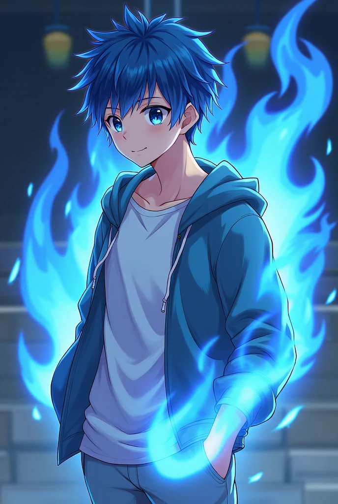 A young man who has blue eyes like his hair. He has a sweatshirt and a white t-shirt underneath., He also has some comfortable pants. Has a blue fire power, anime