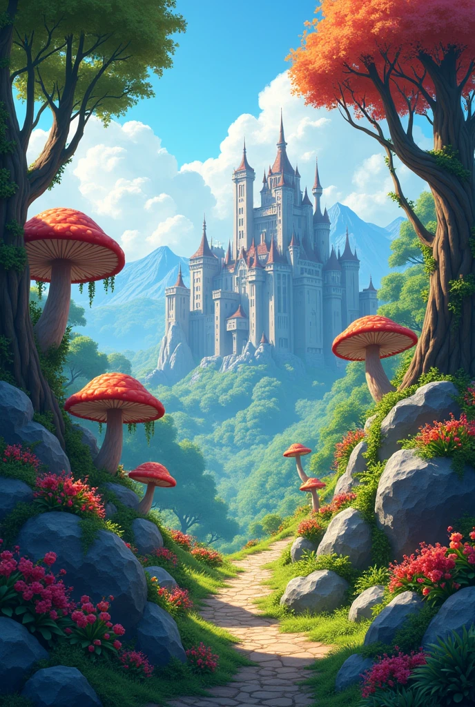 a stylized fantasy 2d platformer game asset, detailed fantasy landscape, beautiful detailed fantasy forest, detailed fantasy mountains, detailed fantasy castle, detailed fantasy trees, detailed fantasy rocks, detailed fantasy mushrooms, detailed fantasy flowers, detailed fantasy vines, detailed fantasy foliage, (best quality, 4k, 8k, highres, masterpiece:1.2), ultra-detailed, (realistic:1.37), fantasy art style, vibrant colors, warm lighting, cinematic lighting