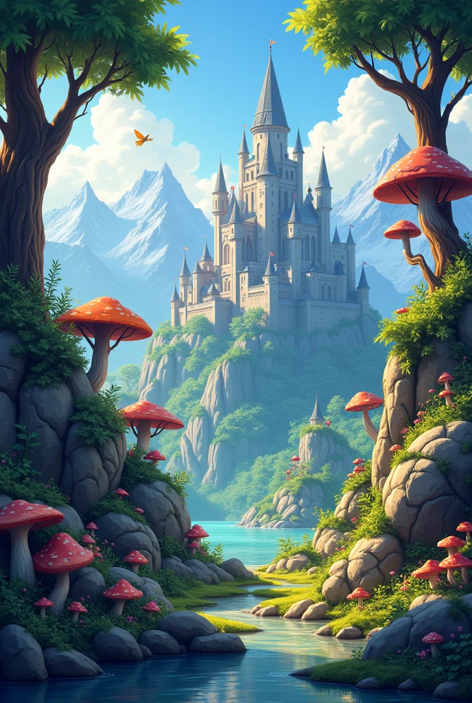 a stylized fantasy 2d platformer game asset, detailed fantasy landscape, beautiful detailed fantasy forest, detailed fantasy mountains, detailed fantasy castle, detailed fantasy trees, detailed fantasy rocks, detailed fantasy mushrooms, detailed fantasy flowers, detailed fantasy vines, detailed fantasy foliage, (best quality, 4k, 8k, highres, masterpiece:1.2), ultra-detailed, (realistic:1.37), fantasy art style, vibrant colors, warm lighting, cinematic lighting