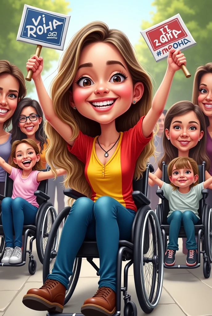 I am a wheelchair user, white, have brown eyes and long blond and dark hair and I am a candidate for councilor.. I would like you to create a caricature of a wheelchair user in the front with a yellow and red blouse and me happy and a man in a wheelchair, a woman in a wheelchair and a child in a wheelchair together with other women all happy and excited and holding signs with the name Vi Rocha