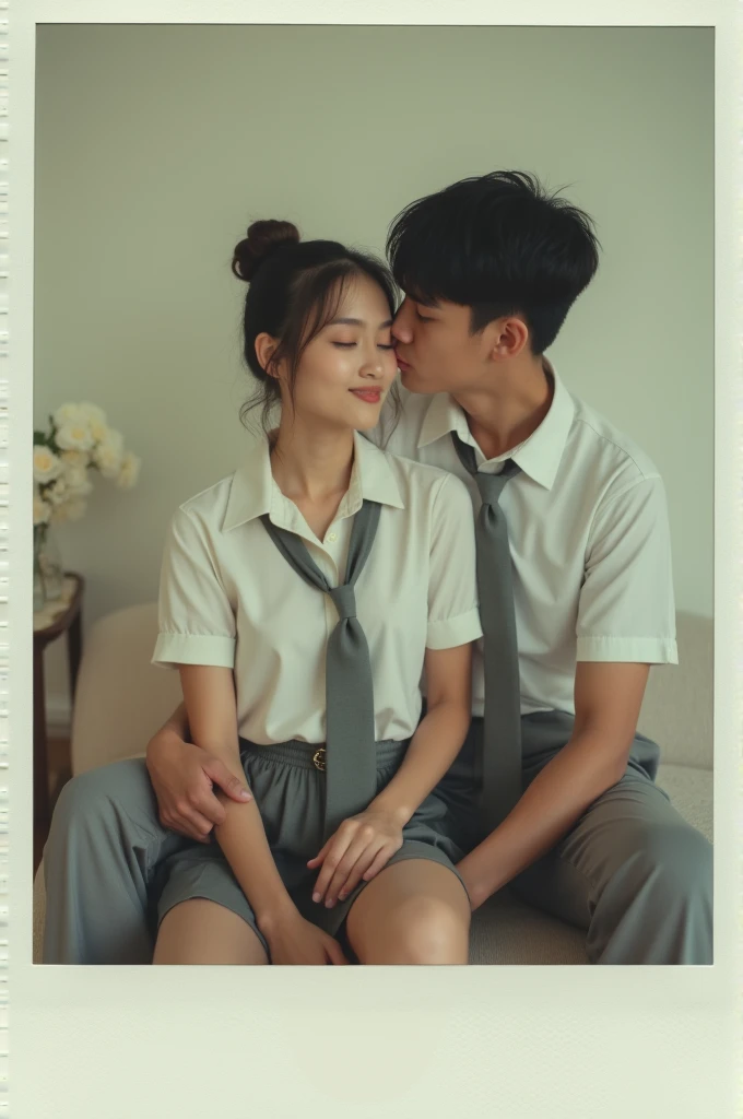 Low quality, Polaroid Photo. Romantic. Young indonesian Couple. a woman wearing high school uniforms with white tops and gray bottoms, blank gray tie, updo hairstye. (smoking), sitting on his lap, beautiful face. white interior. polaroid, vegas vibes