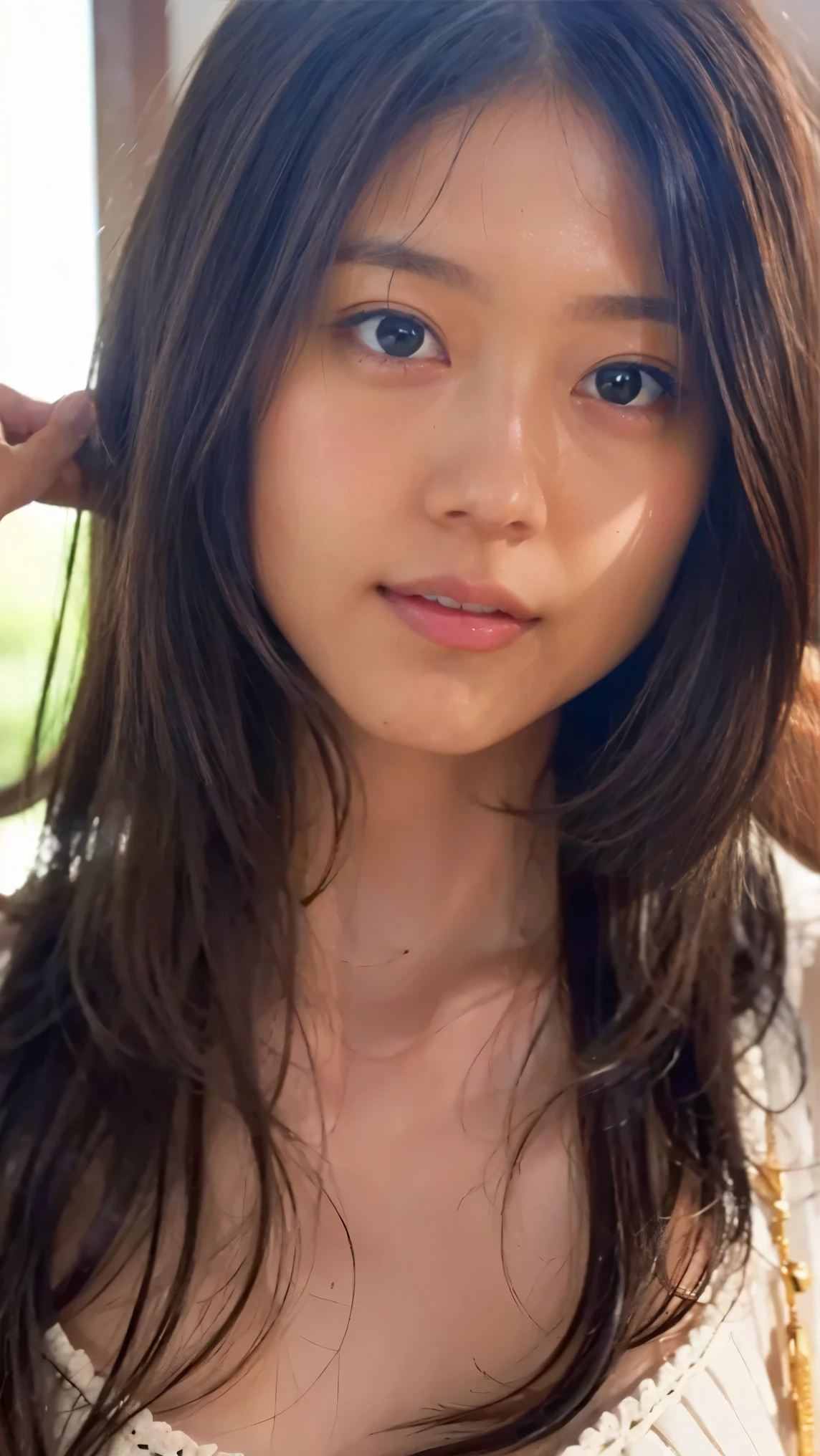 Everything modern:1.66, Cute Japanese Women Photos, smile, 20-year-old, Oil and hair palm for one-length straight hair:1.55, (photo Realistic:1.4), (hyper Realistic:1.4), (Realistic:1.3), (Smoother lighting:1.05), (Improving the quality of cinema lighting:0.9), 32K, 1 girl,20-year-oldの女の子, Realistic lighting, Backlight, The light shines on your face, Ray Tracing, (Bright light:1.2), (Improvement of quality:1.4), (Highest quality Realistic textured skin:1.4), fine grain, Detailed face,(smile:1.0), (Emphasis on face close-up:1.3), (Enhances the beauty of skin texture:1.1),((Extremely precise and accurate anatomy:1.0)), (Enhances the beauty of skin texture:1.1), Clean and glowing skin, mesh, thin:1.2, (Realistic:1.3), Realisticなライティング, (Smoother lighting:1.05), 32K, One Japanese woman, fine grain, Detailed face, (Film Grain:1.1),(Accentuates body lines:1.1), High resolution, Natural look, Kind eyes, Improves hair quality, Delicate light and shadow, Transparent muscles, Graceful pose, Beautiful Eyes, Sharp details, Soft light reflection, Beautiful contours, Delicate skin tone, Fine hair texture,Cute Japanese Women Photos,