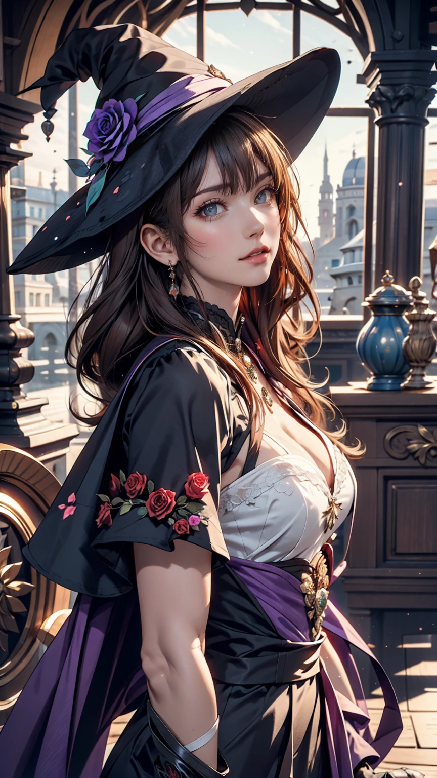 Beautiful girl, Perfect Face, Arms at your sides, masterpiece, Ultra-high resolution, high quality, 4K, Upper Body:1.5,  Lisa (Genshin Impact), urple witch hat, Green Eyes, Brown Hair, (Pure Eros Face_v1:0.008), (European:1.6), bangs, dress, Rose, jewelry, witch, Capelet, Purple hat, Black gloves, Purple Flower, Hair between the eyes, purple Rose, Lips parted, purple Capelet, Hat Flower, multicolored dress, hair ornaments,  windmill, From the side,