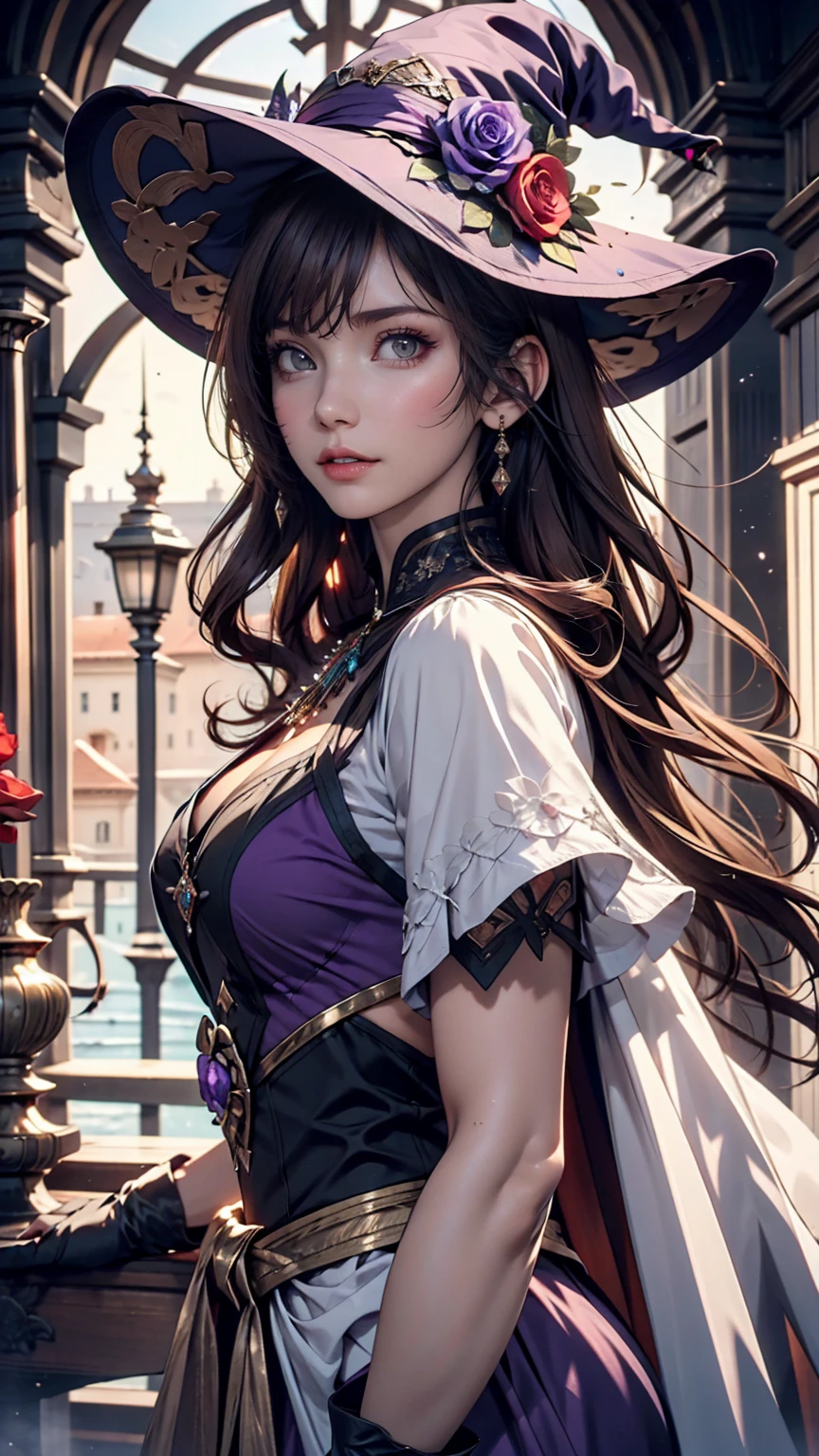 Beautiful girl, Perfect Face, Arms at your sides, masterpiece, Ultra-high resolution, high quality, 4K, Upper Body:1.5,  Lisa (Genshin Impact), urple witch hat, Green Eyes, Brown Hair, (Pure Eros Face_v1:0.008), (European:1.6), bangs, dress, Rose, jewelry, witch, Capelet, Purple hat, Black gloves, Purple Flower, Hair between the eyes, purple Rose, Lips parted, purple Capelet, Hat Flower, multicolored dress, hair ornaments,  windmill, From the side,
