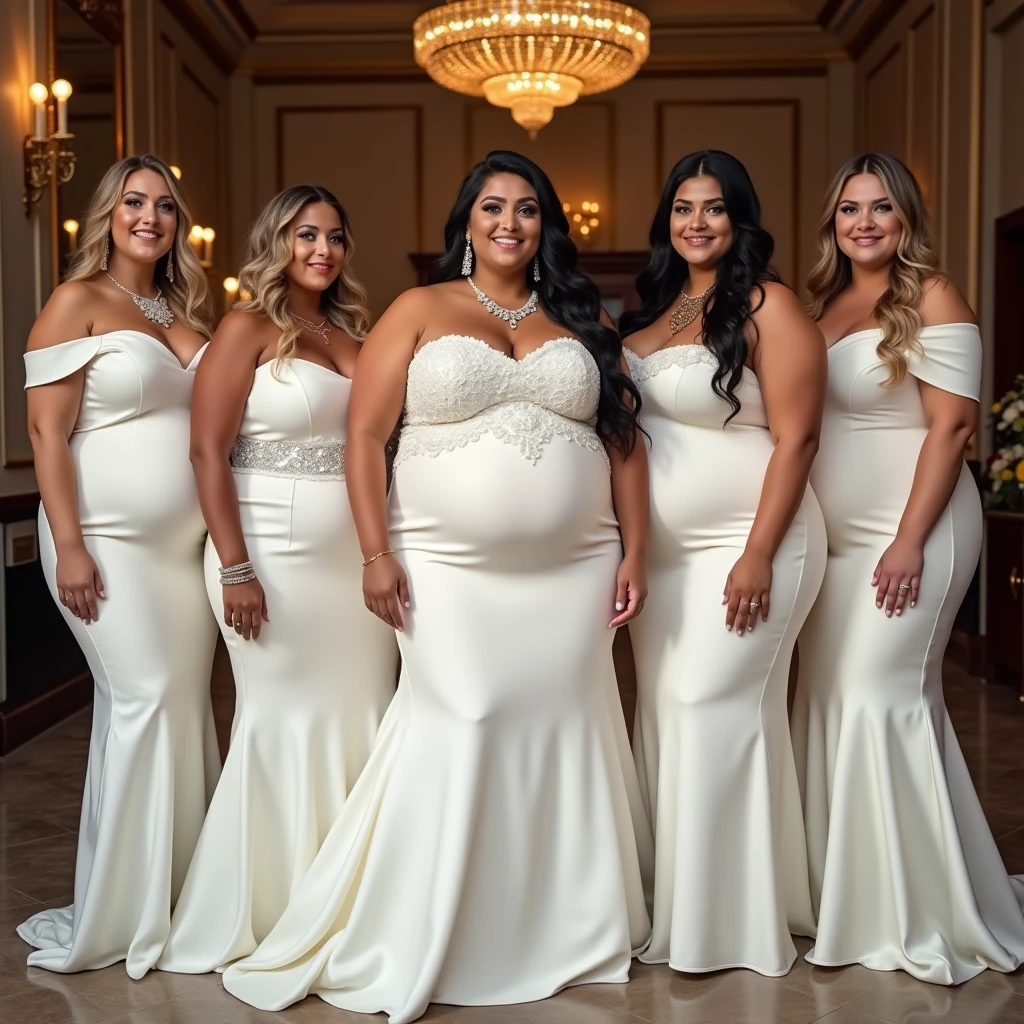 group of bimbos ,bride dress, tight bride dress, red carpet background, high heels , huge tits, round breasts, wide hips, huge butt, thin waist, wide mouth , thick lips, ((perfect face))