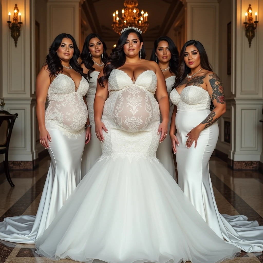 5 women are obese with belly fat, 200kg, like Tess Holliday, they have beautiful faces, they are wearing pure white mermaid wedding dresses with big bellies, they are obese American female sumo wrestlers with very big bellies, they have eaten too much and their bellies are bloated and covered with a lot of fat, they have beautifully saggy bellies and tattoos around their navels, they are in a fancy wedding hall, 4K quality, low angle