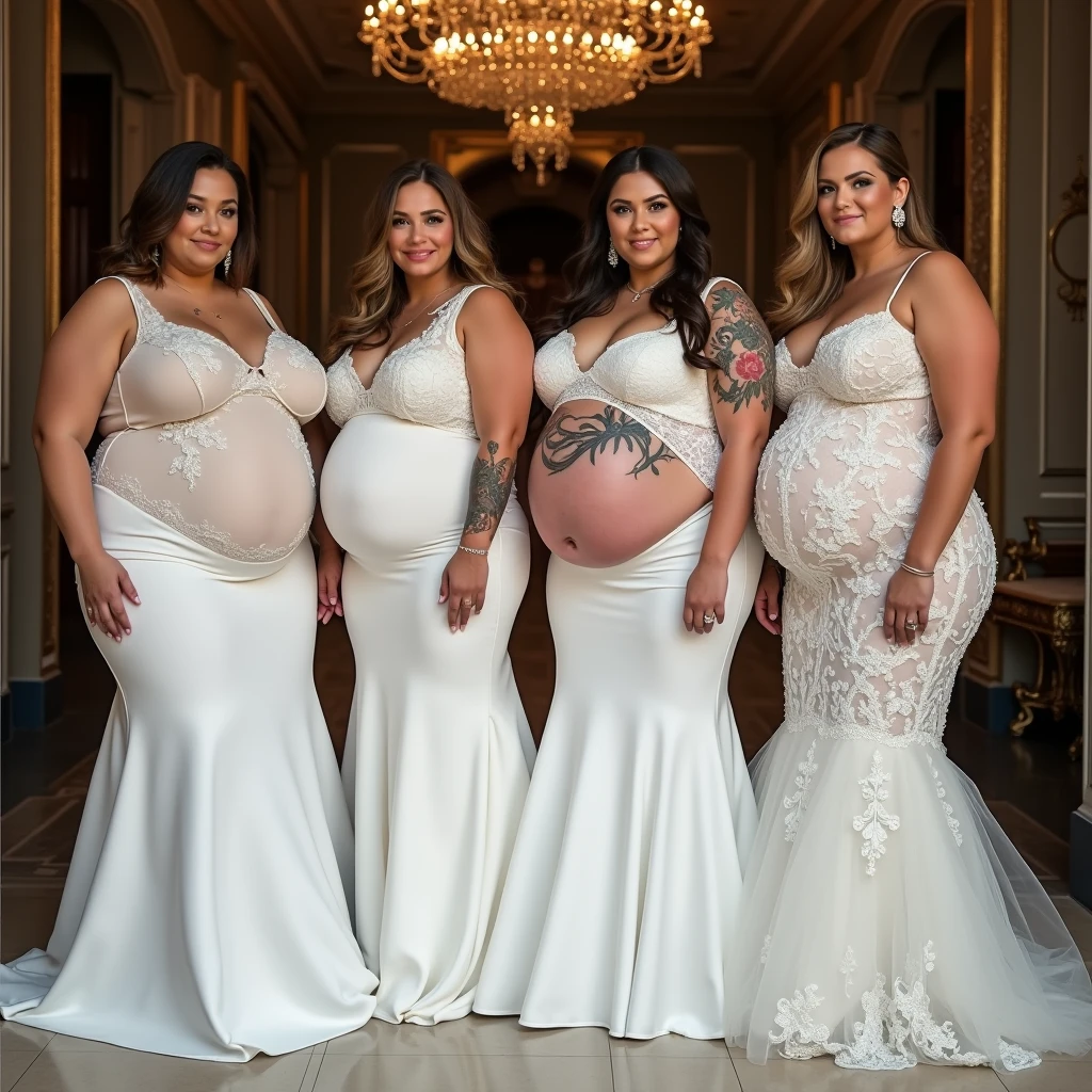 5 women are obese with belly fat, 200kg, like Tess Holliday, they have beautiful faces, they are wearing pure white mermaid wedding dresses with big bellies, they are obese American female sumo wrestlers with very big bellies, they have eaten too much and their bellies are bloated and covered with a lot of fat, they have beautifully saggy bellies and tattoos around their navels, they are in a fancy wedding hall, 4K quality, low angle