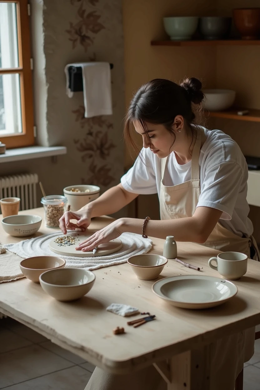 Sitting at a ceramic table and working