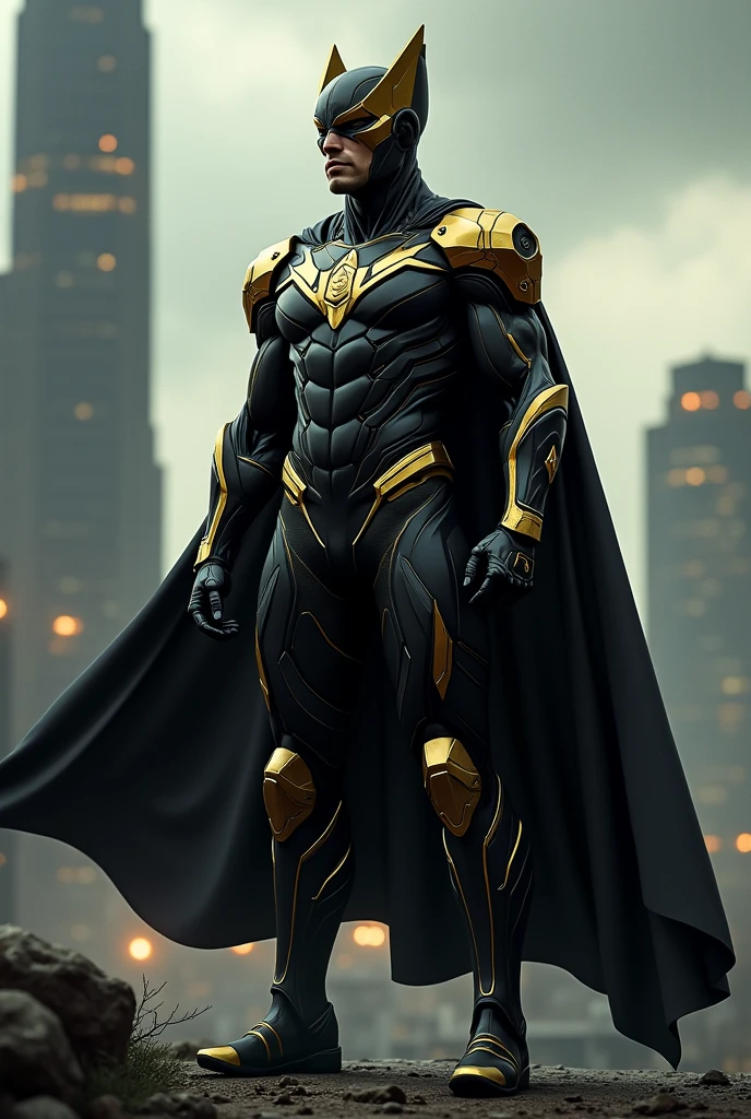 A superhero in a black and gold suit