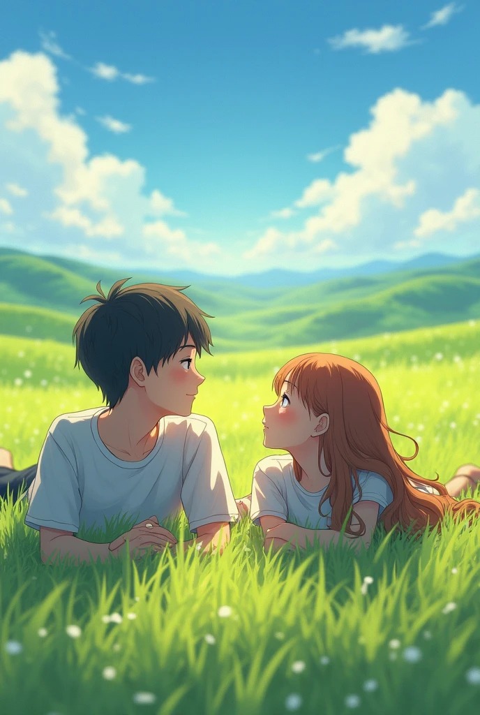 Far view, a boy and a girl are lying on the green grass, they are falling in love with each other, they look happy and peaceful, they are in highschool