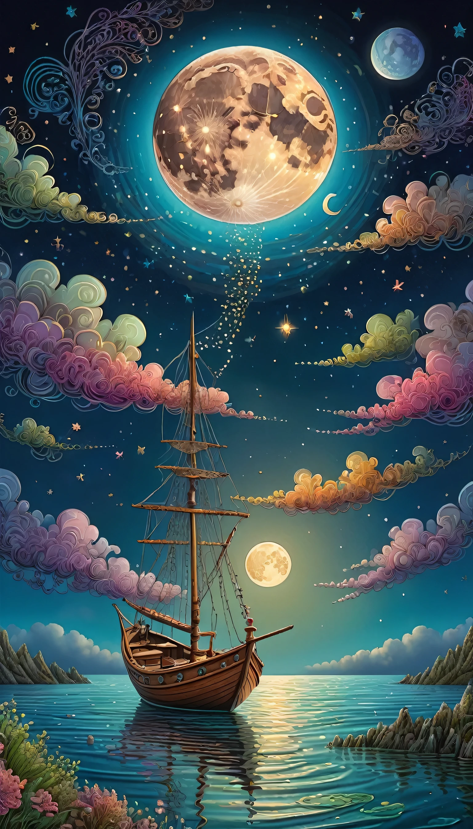 Zentangle Extreme Effect, Fantasy surrealism,
Small boat floating on calm sea, Quiet Night, There are small clouds in the sky, huge moon and stars, Moon trail on water,,
Multicolor Landscape, Beautiful HD artwork by Daniel Merriam, Joe Fenton,