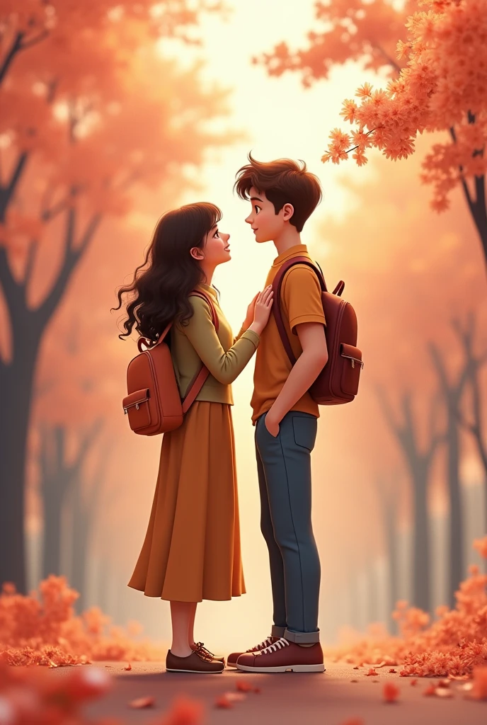 1242x2688 pixels，C4D Model，Young couple，A brown girl with long curly hair wearing a casual long skirt suit and a small backpack，Boys short brown hair，Wearing casual clothes，The girl&#39;s left hand gently rests on the boy&#39;s chest，This action seems to be gently touching or comforting the other person.，Show a sense of intimacy。Both of them looked forward，The two of them are full of hope for the future，Spring blooming season，highly，Volumetric light，happy up view ，Cold light，Ultra HD 32k，webp