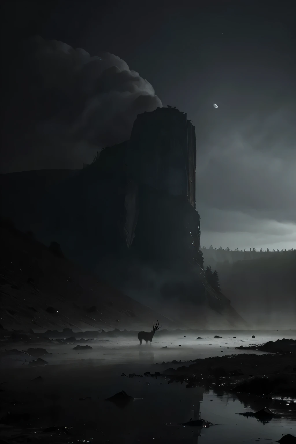 "Create a haunting and dramatic environmental poster emphasizing the urgency of climate change. The image should depict a split Earth: one half shrouded in eerie mist, with dark, ancient forests, clear rivers glowing under a ghostly moonlight, and animals like a spectral deer, a silent owl, and ethereal fish swimming in the water. The other half should show a barren, desolate landscape, where ghostly animals struggle in a world of ash, poisoned rivers, and shadowy, skeletal trees. The overall mood should be mysterious, mystical, and tragically foreboding, highlighting the dire consequences of neglecting our planet."
