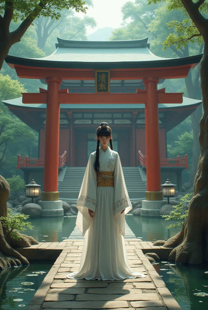 Beautiful Japanese shrine and mysterious shrine maiden facing forward