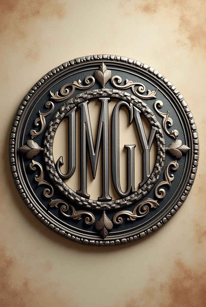 Generate an image where you join the initials JMGY for an elegant circular ranch buckle and the letters are joined together
