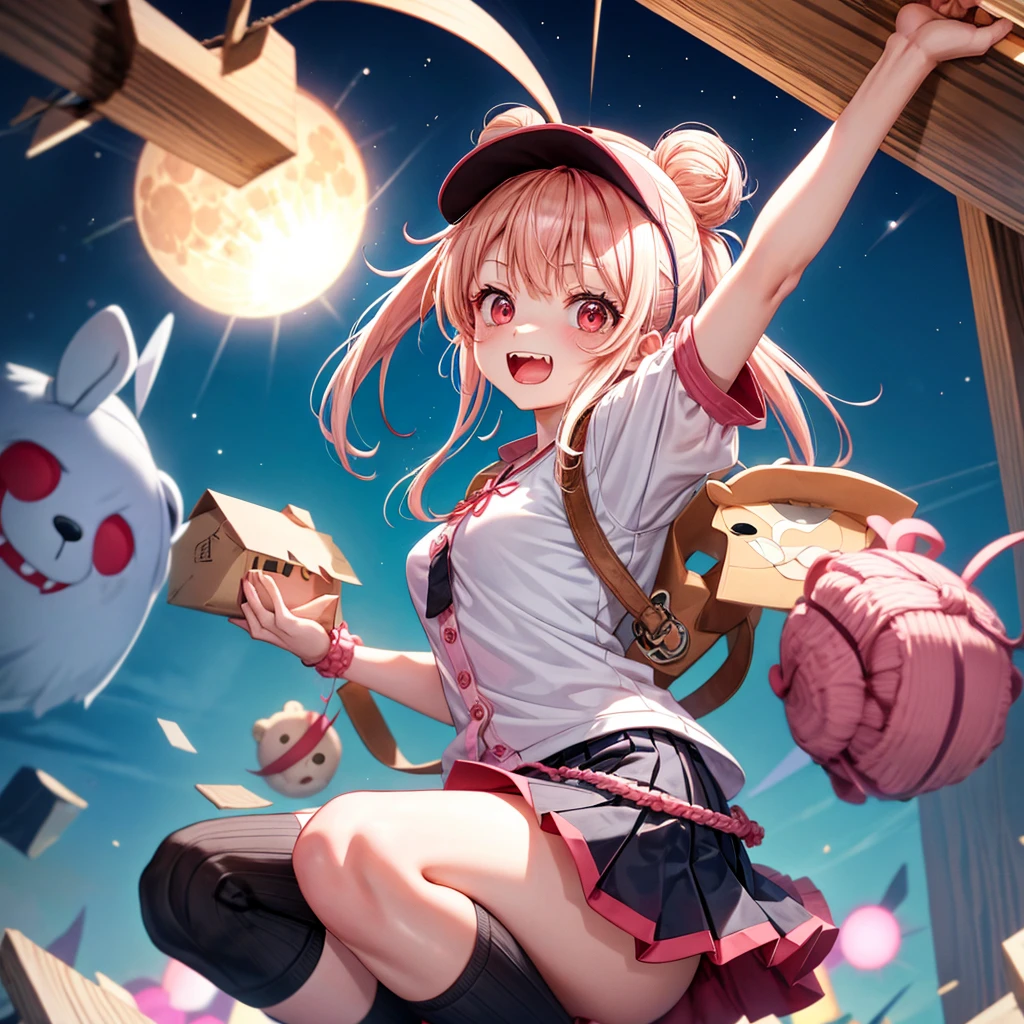 Pink Blonde、Red eyes、Hair tied up、One cute girl、solo、Checked mini skirt、black t-shirts、one piece、cardigan、Knee-high socks、bear ears baseball cap、Burning Full Moon、The tree is dead、Electric spectaculars、Cardboard boxes are piled up、Teeth are visible、Monster Castle、Tilting face、Starry Sky、A teddy bear is jumping