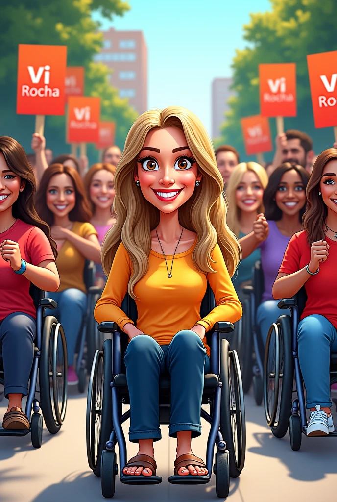 I am a wheelchair user, white, have brown eyes and long blond and dark hair and I am a candidate for councilor.. I would like you to create a caricature of a wheelchair user in the front with a yellow and red blouse and me happy and a man in a wheelchair, a woman in a wheelchair and a child in a wheelchair together with other people, women and men, all happy and excited and holding signs with the name Vi Rocha.