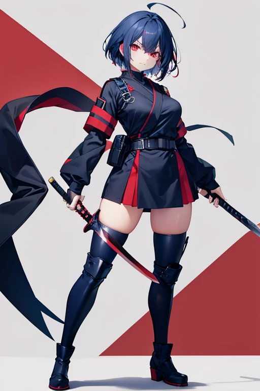 Red eyes, Bob Hair, Large Breasts, Navy Blue Hair, Inner Color, Black Ninja Uniform,anger, Holding the Sword,Ahoge, whole body short boots