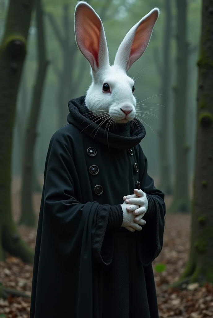 dark fantasy, Various White Rabbit-Man with totally black eyes and black clothes, forest background, ritual