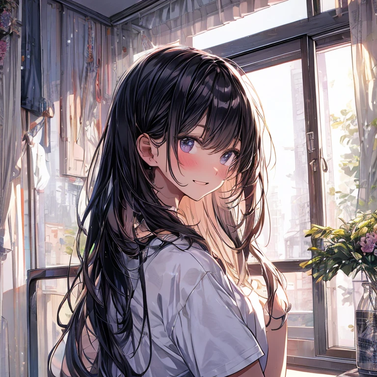 (High resolution, clear_image) Highest quality, woman, masterpiece, Very detailed, Semi-realistic, 21 years old, beautiful, young, good looking, T-Shirts, Wear a lilac shirt, Wrap around your neck, interior, Modern Room, window, Wake up, morning, blush, smile