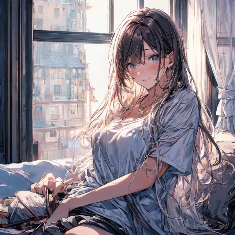 (High resolution, clear_image) Highest quality, woman, masterpiece, Very detailed, Semi-realistic, 21 years old, beautiful, young, good looking, T-Shirts, Wear a lilac shirt, Wrap around your neck, interior, Modern Room, window, Wake up, morning, blush, smile