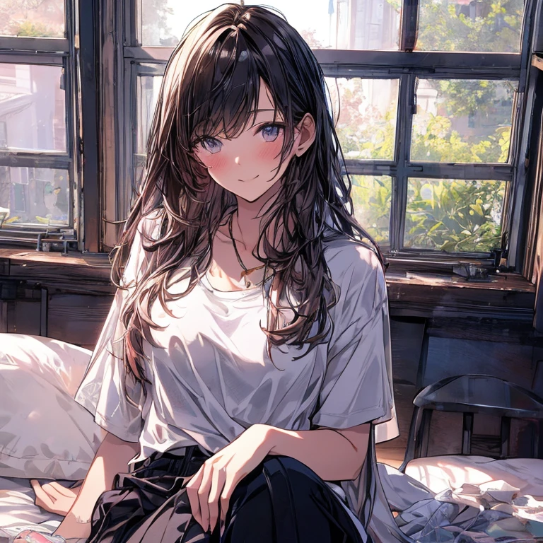 (High resolution, clear_image) Highest quality, woman, masterpiece, Very detailed, Semi-realistic, 21 years old, beautiful, young, good looking, T-Shirts, Wear a lilac shirt, Wrap around your neck, interior, Modern Room, window, Wake up, morning, blush, smile