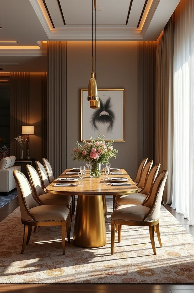 Professional 3d architecture rendering design of modern and French design for living room and dining room with elegant wooden with gold dining table and eight  elegant French chairs and silk Persian carpet and elegant curtains and clothes wall 