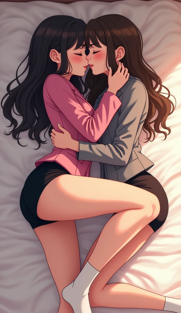 Two girls, yuri,(The first girl wear a pink suit, black pencil skirt, black underpants, white socks) and (The second girl wore a grey suit, black pencil skirt, black underpants, white socks), hugging, lesbian kissing, sensual body, closed eyes and smile, lying on the bed, wrapped in a white blanket, bedroom, novel cartoon, 4K, HD
