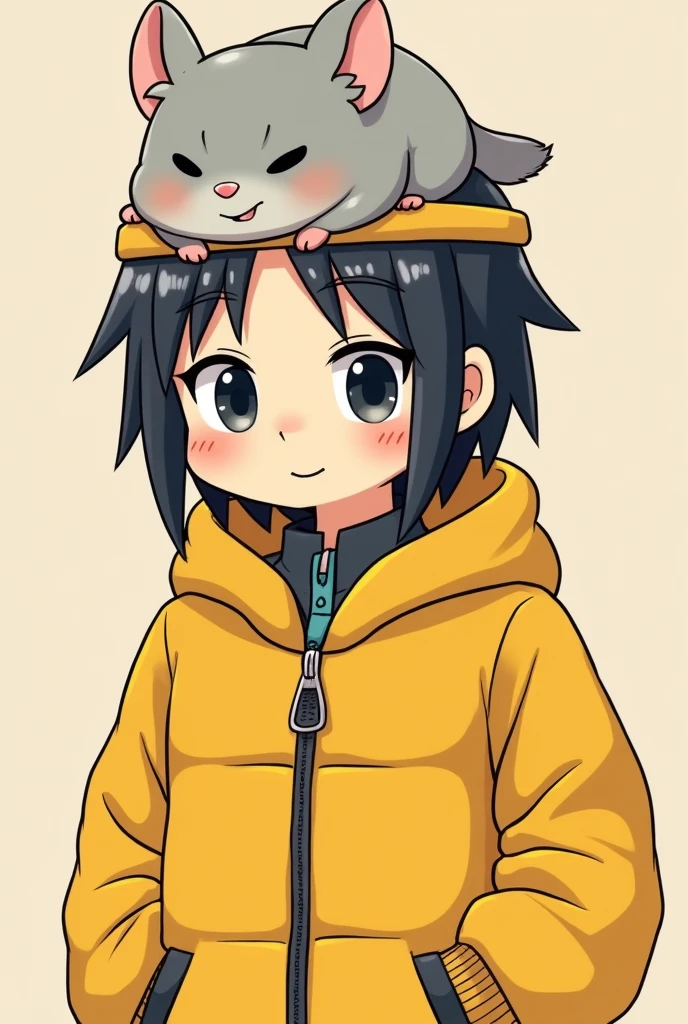 # To meet the following conditions、Create an image of a person wearing a hockey mask and with black hair。
- The person has a chinchilla on his head - The illustration should be in a cartoon style - The person is wearing a yellow festival outfit