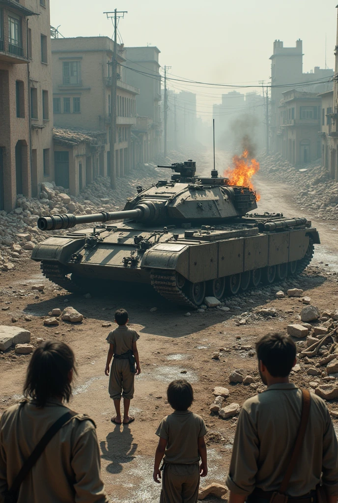 From above, wide shot, an armored tank destroyed and abandoned as the front line retreats, Part of the tank was blown up and completely damaged, smoldering embers, several civilians in dirty clothes watching from afar, the surrounding town in ruins of destroyed rubble.