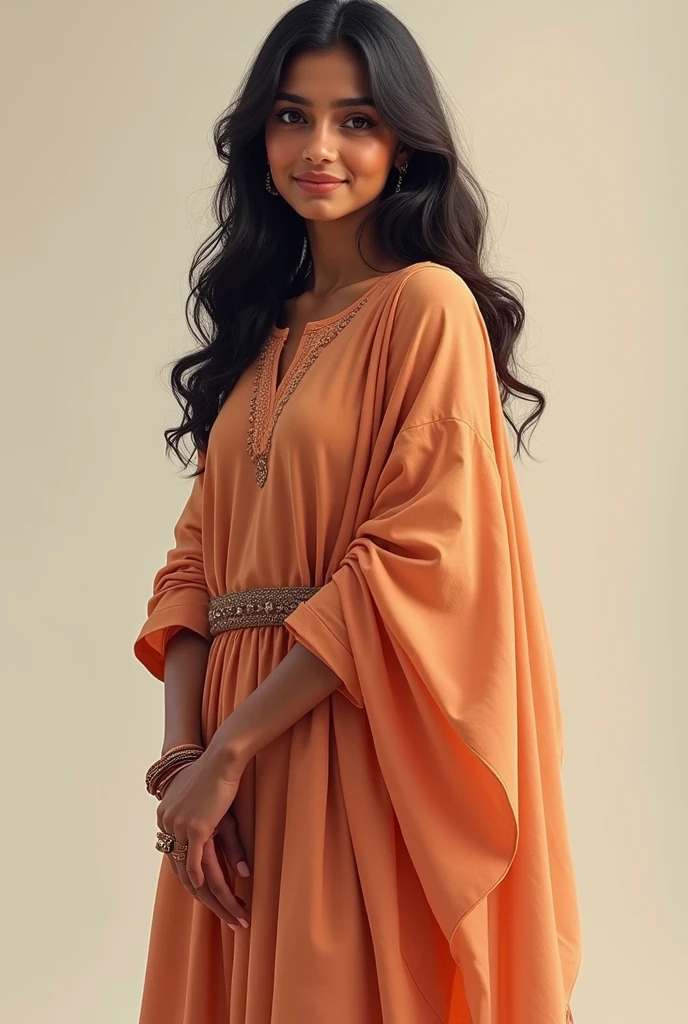 Create a full-body image of a beautiful Indian college student with an oval face, medium brown skin, almond-shaped brown eyes, a straight nose, full lips, and long, slightly wavy hair. She should be dressed simply, wearing a traditional salwar kameez with a dupatta, looking like an average college student. Her expression is gentle with a subtle smile."