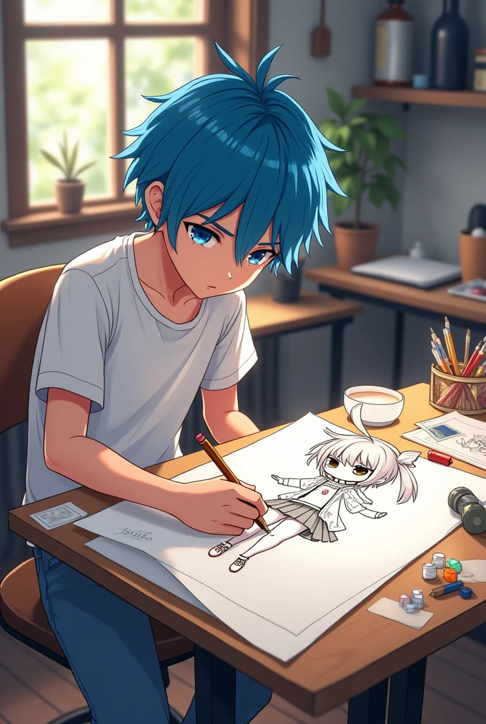 A anime boy character goko are make drawing on tabale in drawing studeo and draw the sukuna