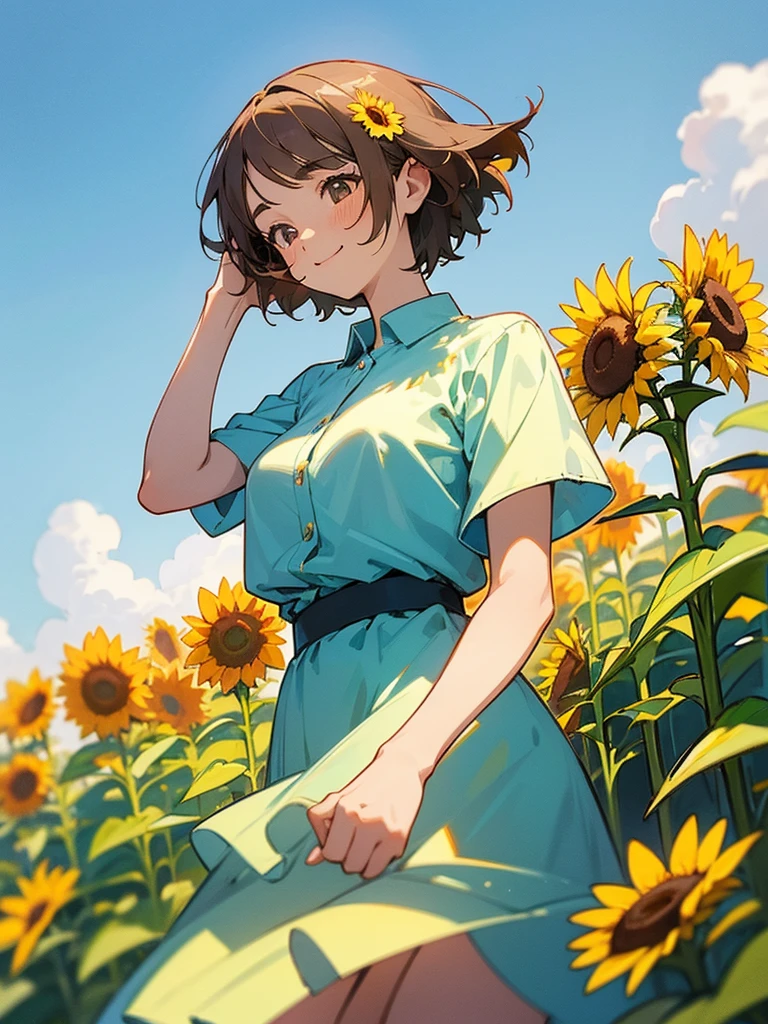 master piece, best quality, for below, cinematic angle, upper body , pigeon toed,
Anime-style Moe illustration, summer vacation theme, 20-year-old woman, sunflower field, short hair,
Picnic Maxi Dress, slightly inner thighs, smile, accurate drawing, Active pose, Active Angle,