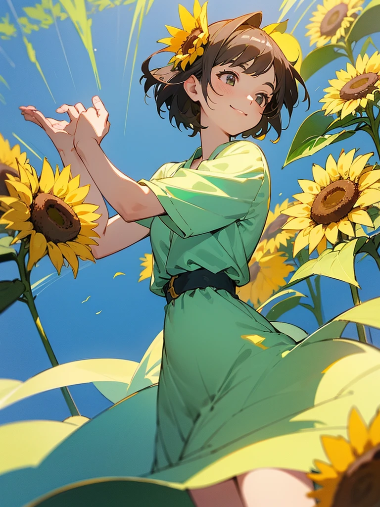  master piece, best quality, for below, cinematic angle, upper body , pigeon toed,  
Anime-style Moe illustration, summer vacation theme, 20-year-old woman, sunflower field, short hair, 
Picnic Maxi Dress, slightly inner thighs, smile, accurate drawing, Active pose, Active Angle, 