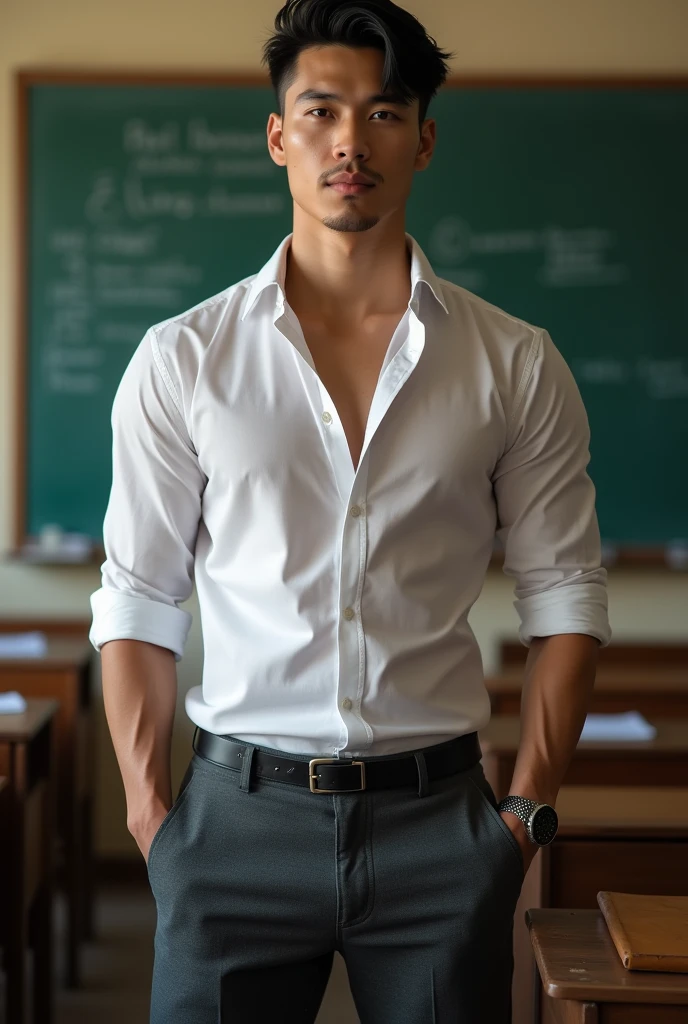 Vietnamese man, 25 years old, teacher,Handsome and elegant, Wearing a uniform, sexy , Masculine and handsome,musculous,Muscles look good,hairy bodies, with fair skin,No beard, Full body photo,(ultra-detailed, photorealistic, best quality, 4k, 8k, highres, masterpiece:1.3), a mature man, charming and distinguished , (muscular build body), wearing tailored shiny white dress shirt, with the top button casually undone, perfectly fitted charcoal trousers, sweat, unbutton buttons shirt, lewd face ,tight chest, sex,See-through shirt, erotic, horny, look straight, Accessories include a luxury wristwatch, understated cufflinks, and a simple yet elegant leather belt, in the Classroom,looking at viewer,muscle veins,no underwear