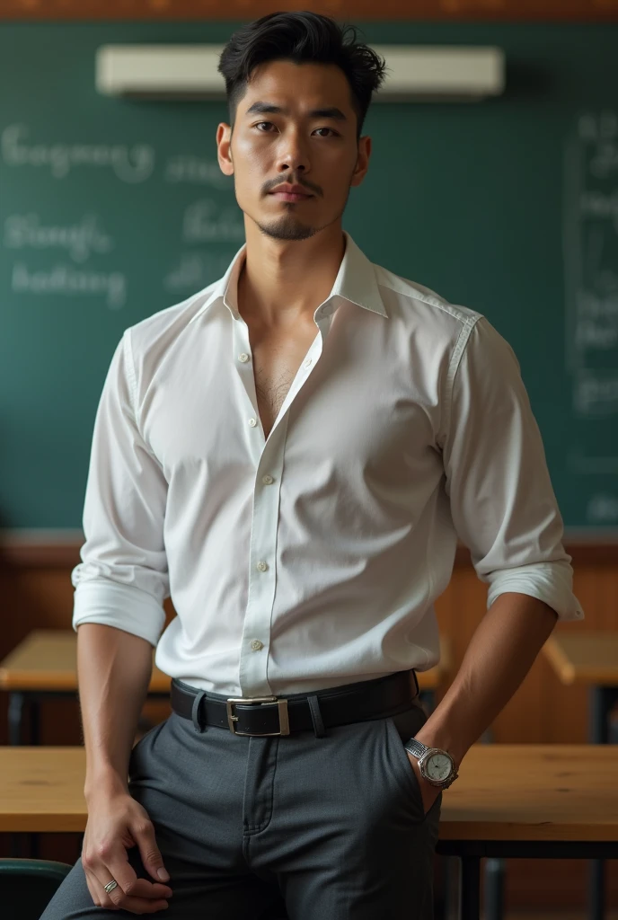 Asian man, 30 years old, Handsome and elegant, Wearing a transparent shirt, sexy , Masculine and handsome,musculous,Muscles look good,hairy bodies, with fair skin,, Full body photo,(ultra-detailed, photorealistic, best quality, 4k, 8k, highres, masterpiece:1.3), charming , (muscular build body), wearing tailored shiny dress shirt, with the top button casually undone, perfectly fitted charcoal trousers, sweat, unbutton buttons shirt, lewd face ,tight chest, sex, erotic, horny, look straight, Accessories include a luxury wristwatch in the Classroom,looking at viewer,muscle veins, sexy posing,in the middle of the classroom,top view