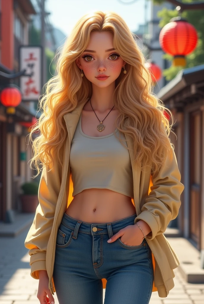 Create a 20 year old woman, a little overweight, golden blonde hair, very long to the waist wavy at the ends of medium height , extremely white complexion very white, with multiple brown moles, rounded face, Brown eyes, with wide hips and a small waist, with small bust, with Spanish features, On his first visit to Japan, She likes to wear jeans and crop tops