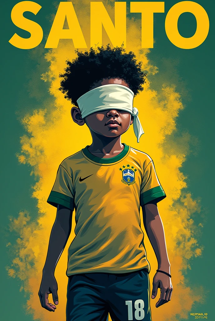 This image features the name "SANTO
" along with a symbolic representation related to Brazil. The background and colors used in the illustration resemble the Neymar jr 
i flag, suggesting a theme of national significance. The image of the boy with a blindfold could represent themes of awareness, freedom, or a call to open one's eyes to certain issues.