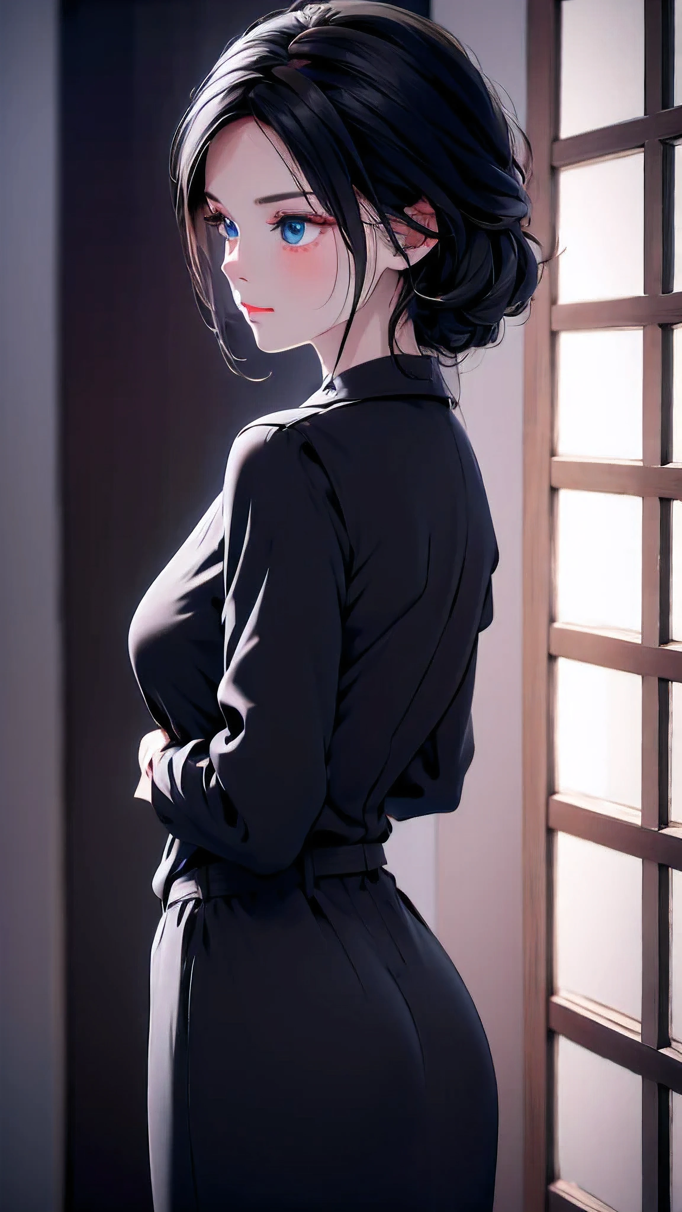 1 Girl , Girl medium light Black hair, light gray&blue eyes, wearing black suit 4D, night town , high res, ultrasharp, 8K, masterpiece, looking from behind