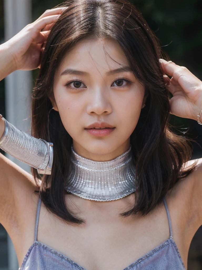Prompt: Inspired by Michelle Chen (Michelle Chen), beautiful and attractive girl, 25-year-old Thai-Chinese girl, 162-centimeter height, natural-ivory skin tone, perfect face, small eyes, black eyes, ((Chinese droopy and monolid-eyes)), (clear-detailed eyes), centered-focus eyes, natural-gloss full lips, no-makeup looks, (2024 new-trend long bob haircut), ((pink, lavender and silver highlights on black hair)), (clear-detailed hairs), free the nipples, narrow shoulders, long neck, slim waist, rich-detailed skin texture, skin detention, (white crop-tops), high-waist blue skinny-denim, ((too-tight black color heart choker)), ((fine-detailed choker)), talk to the camera, sexy and funny in her eyes, studio portraiture, studio lighting, HDR, side view