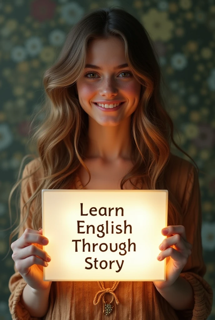 Beautiful girl with heart-warming smile and wavy long hair, bohemian dress, holding a white board with text "learn English Through Story" and showing it to the viewer, the board is glowing with the text.