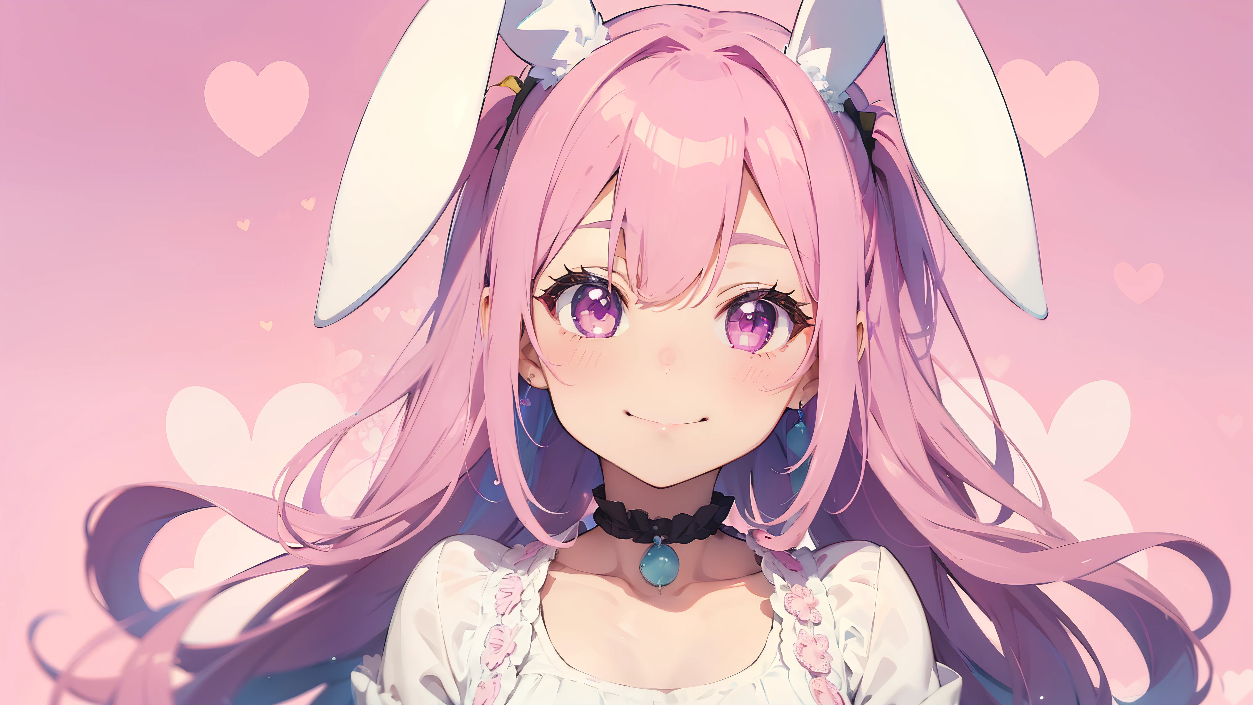 Highest quality, pretty girl, pastel colour, Fluffy bunny ears, smile、Pink Hair,Pink eyes,Background is solid color,pop、colorful,wallpaper style