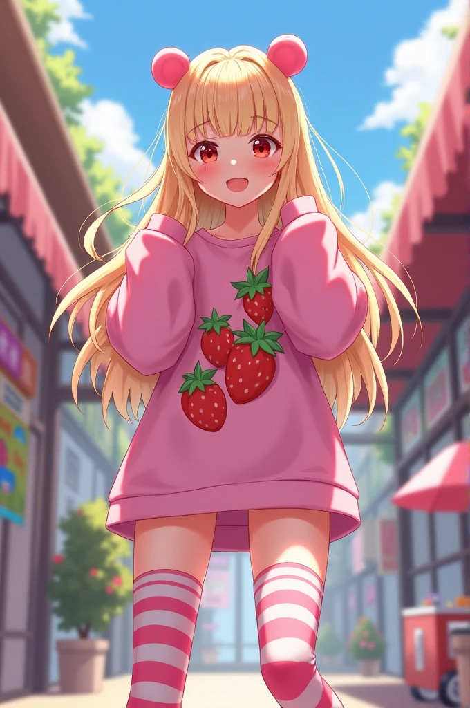 21yo girl, cheerful with long blonde hair and bangs, wearing a pink oversized shirt with strawberry graphics. Wear pink and white striped thigh-high socks and pink bear ear accessories. The perspective of the image is from below, looking up, playfully posing with one foot forward. The background is an indoor setting with various decorations on the wall, including posters and a small cart visible on the right.