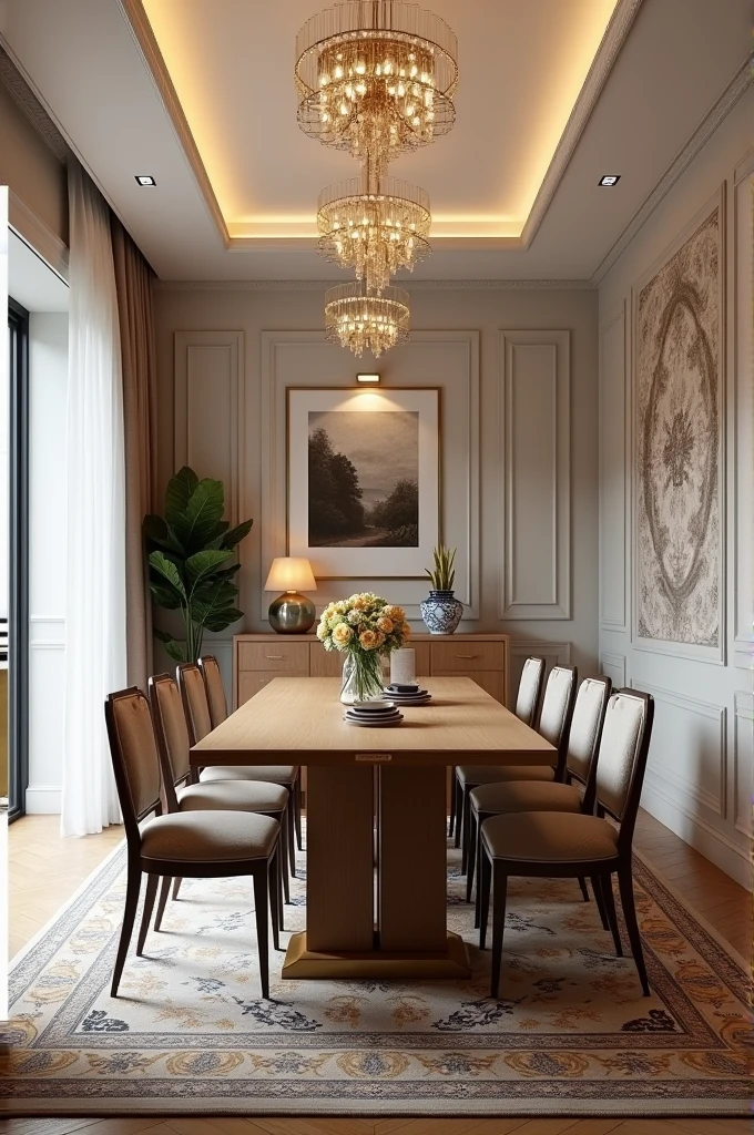 Professional 3d architecture rendering design of modern and French design for living room and dining room with elegant wooden with gold dining table and eight elegant French chairs and silk Persian carpet and elegant curtains and clothes wall and elegant ceiling lighting