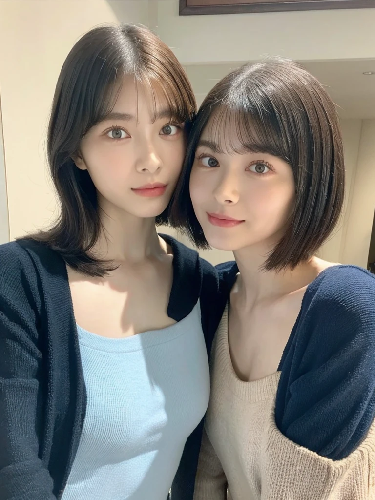 (masterpiece:1.3), (8k, Photoreal, Raw photo, best image quality: 1.4), Japanese high school girl、(random hairstyle:1.2)、cleavage:1.5、super detail face、eye for details、double eyelid、chest to chest、sharp focus:1.2、Beautiful woman:1.4、light brown hair、highest quality、masterpiece、超A high resolution、(Photoreal:1.4)、Highly detailed and professionally lit smiles、loose and light knitwear、shoulder out、thin、serious expression、short haired、deadly position
similar identical twins
All the girls have the exact same face, The two have the same face and figure, as if they were mirror images.