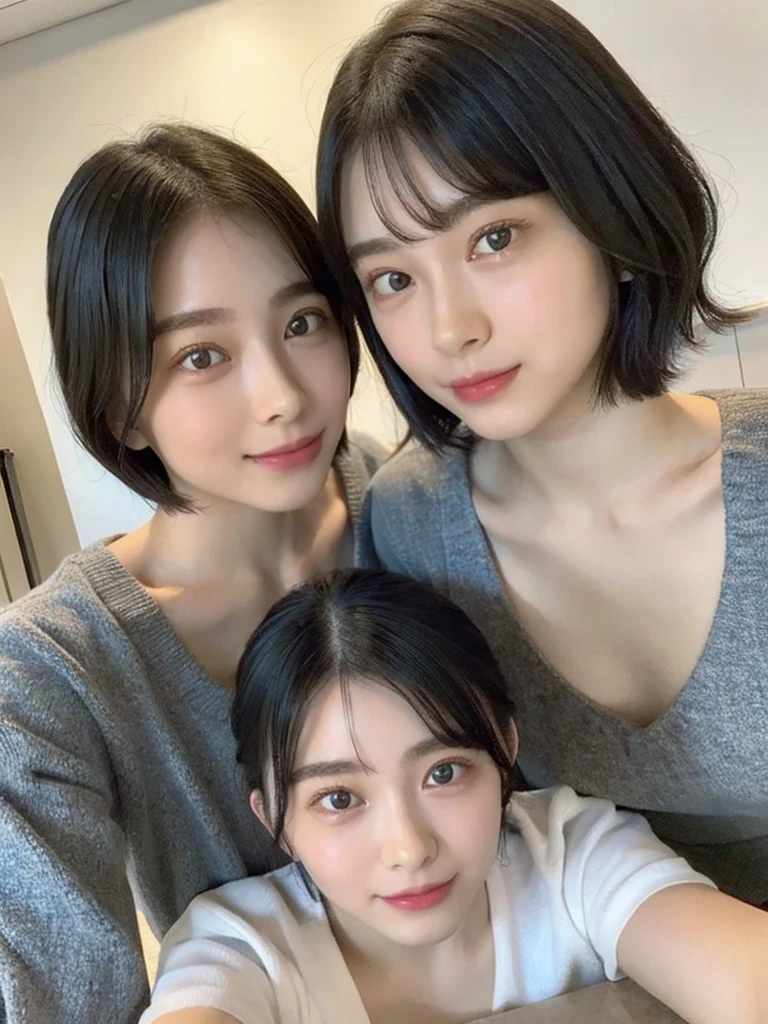 (masterpiece:1.3), (8k, Photoreal, Raw photo, best image quality: 1.4), Japanese high school girl、(random hairstyle:1.2)、cleavage:1.5、super detail face、eye for details、double eyelid、chest to chest、sharp focus:1.2、Beautiful woman:1.4、light brown hair、highest quality、masterpiece、超A high resolution、(Photoreal:1.4)、Highly detailed and professionally lit smiles、loose and light knitwear、shoulder out、thin、serious expression、short haired、deadly position
similar identical twins
All the girls have the exact same face, The two have the same face and figure, as if they were mirror images.
