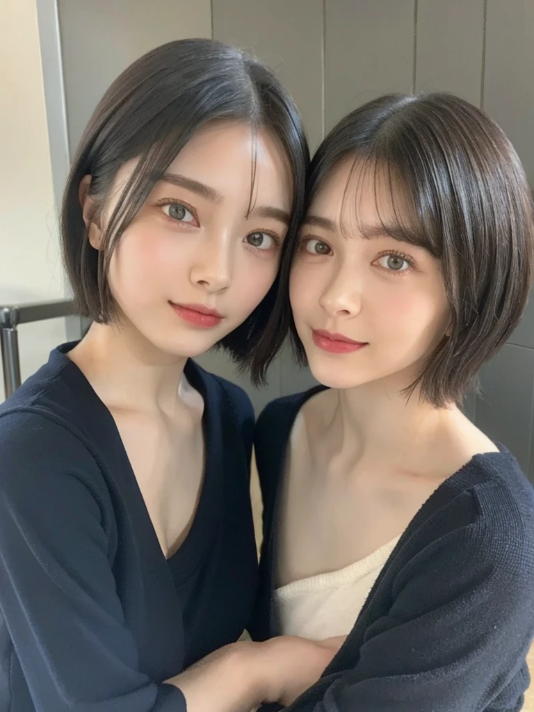 (masterpiece:1.3), (8k, Photoreal, Raw photo, best image quality: 1.4), Japanese high school girl、(random hairstyle:1.2)、cleavage:1.5、super detail face、eye for details、double eyelid、chest to chest、sharp focus:1.2、Beautiful woman:1.4、light brown hair、highest quality、masterpiece、超A high resolution、(Photoreal:1.4)、Highly detailed and professionally lit smiles、loose and light knitwear、shoulder out、thin、serious expression、short haired、deadly position
similar identical twins
All the girls have the exact same face, The two have the same face and figure, as if they were mirror images.